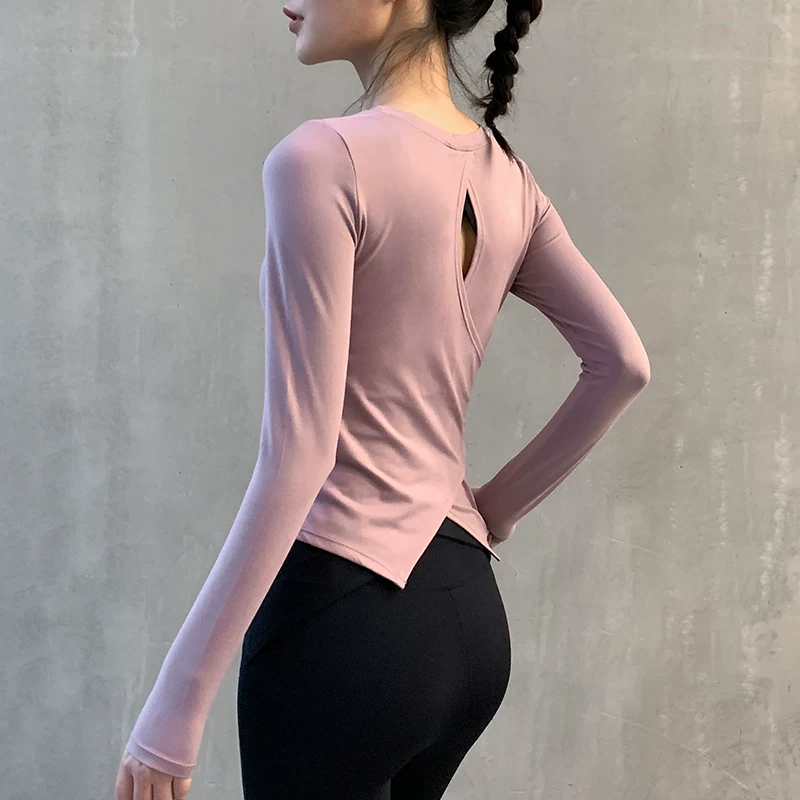 Áo tập yoga cho nữ, tay dài, lưng khoét, trang phục tập thể dục gợi cảm, áo thun thể thao bó sát, áo nhanh khô cho mùa hè.