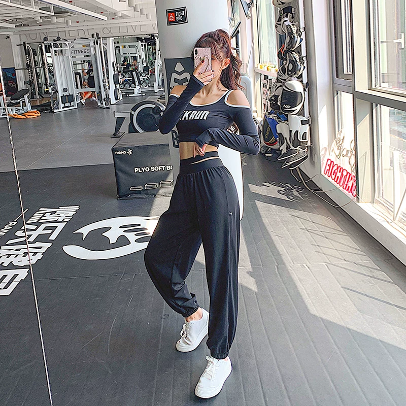 Quần thể thao dáng rộng cạp cao giúp thon gọn phong cách thu đông dành cho nữ quần tập thể dục nhanh khô quần ống rộng thông thường quần tập yoga màu tím