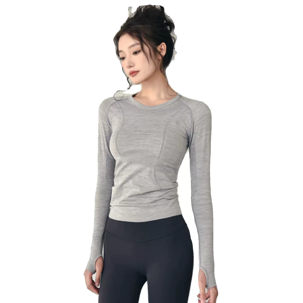 Áo thể thao dành cho nữ, phong cách thu đông, cổ tròn ôm sát, trang phục tập yoga nhanh khô, trang phục tập thể dục chạy bộ chuyên nghiệp, tay áo dài
