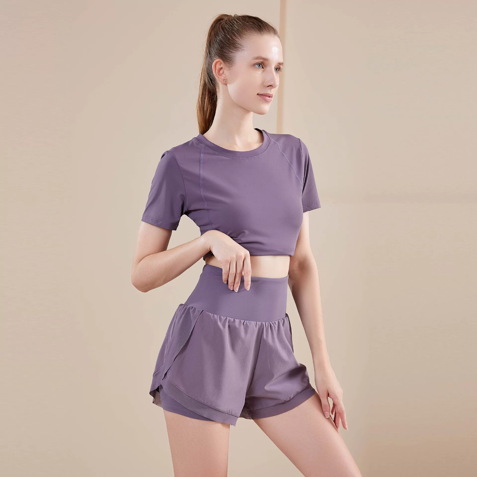 Bộ quần áo tập yoga cho nữ, áo thun chạy bộ tay ngắn rộng rãi thoáng khí, đồ thể thao giảm béo, quần áo tập thể dục mùa xuân hè