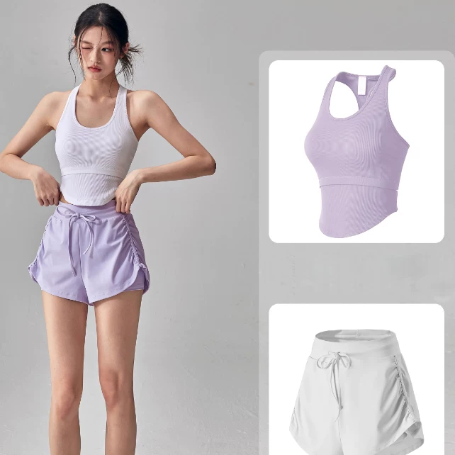 Quần short thể thao chống lộ, bộ quần short tập yoga hai mảnh cạp cao có dây rút mỏng mùa hè, quần short tập thể dục.