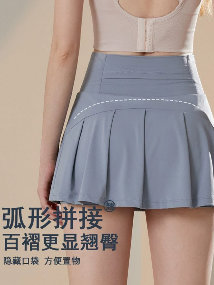Quần short thể thao mùa hè dành cho nữ, kiểu dáng mới, chống lộ, hai trong một, cạp cao, giúp thon gọn, váy tennis tập yoga có túi.