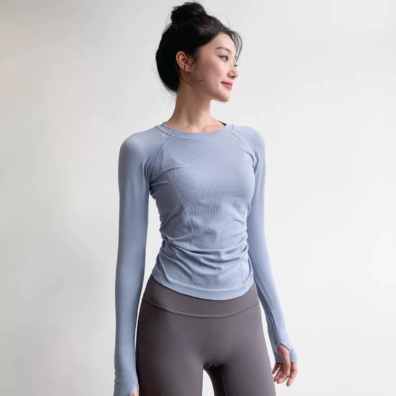 Áo tập yoga cho nữ, kiểu dáng thu đông, cổ tròn, ôm sát, co giãn cao, giảm béo, dài tay, nhanh khô, chạy bộ, tập luyện, trang phục thể dục.