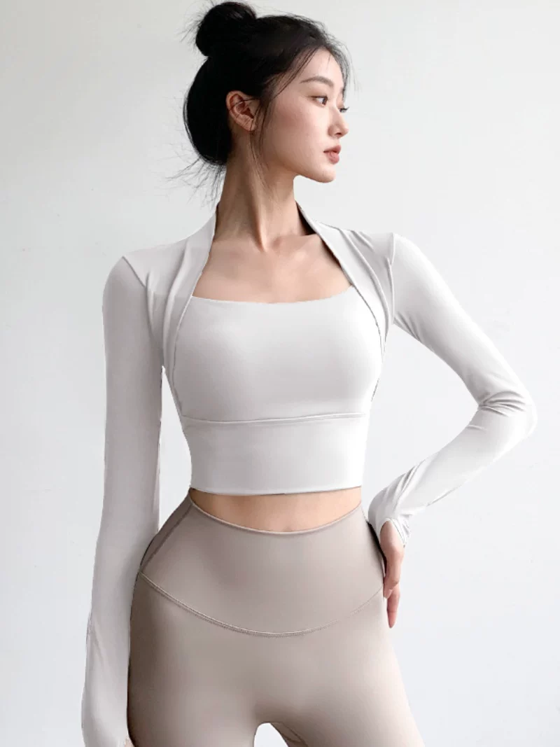 Áo tập yoga tay dài nữ, kiểu mới thu đông 2025, áo thể thao ngắn có mút ngực, đồ tập Pilates, đồ tập thể dục