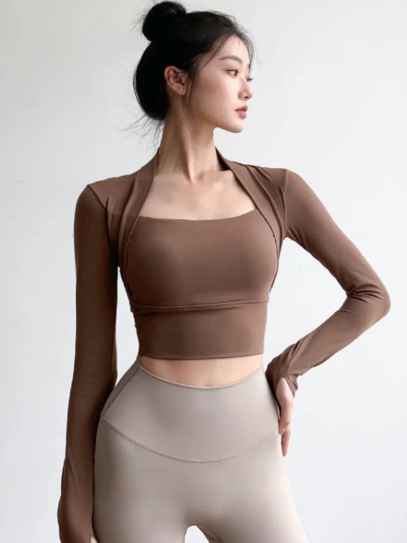 Áo tập yoga tay dài nữ, kiểu mới thu đông 2025, áo thể thao ngắn có mút ngực, đồ tập Pilates, đồ tập thể dục