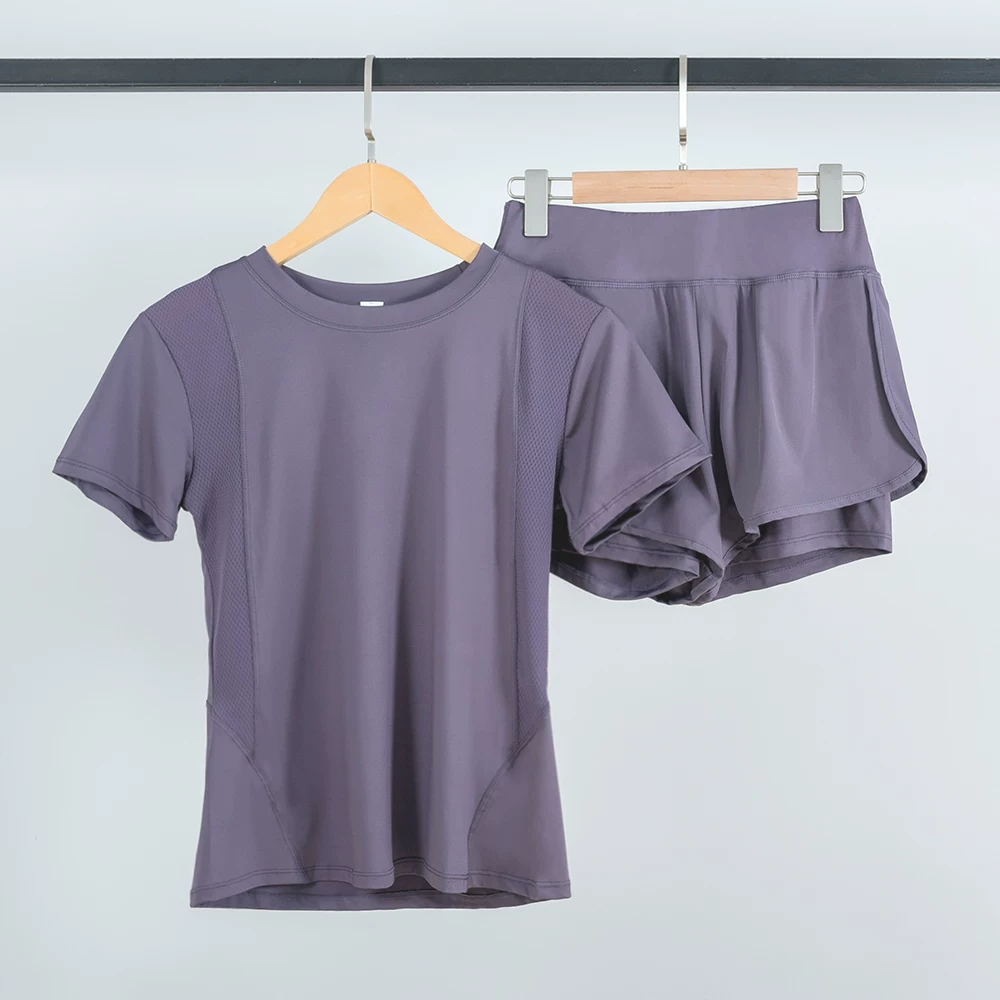 Bộ đồ thể thao dành cho nữ, quần áo mỏng nhanh khô mùa hè, trang phục tập yoga chạy bộ, bộ hai mảnh, quần short thoáng khí chống lộ
