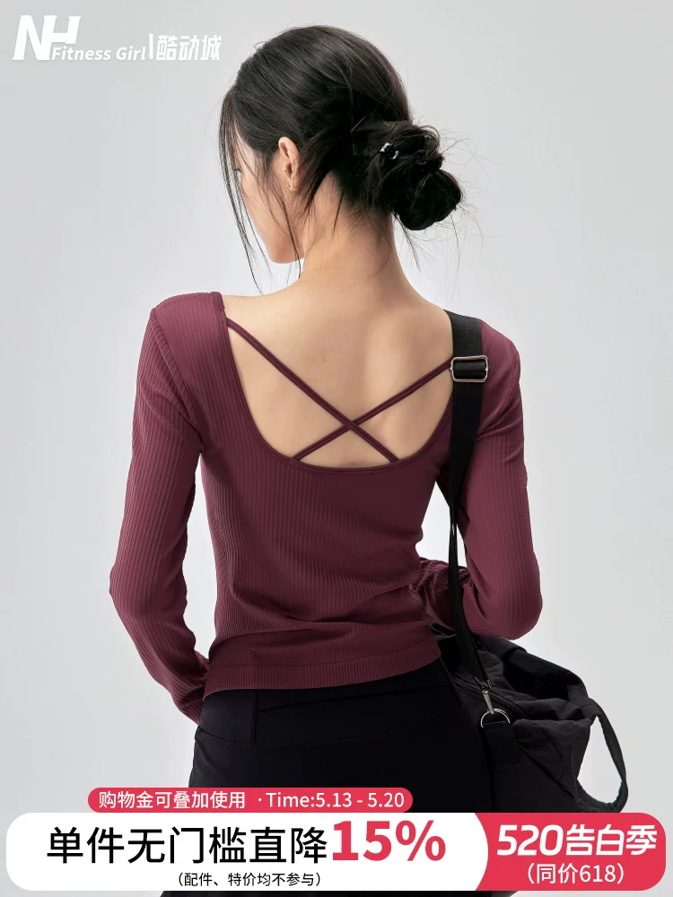 Áo tập yoga lưng đẹp cho nữ, có đệm ngực, áo thể thao giúp thon gọn, cổ vuông, áo tập Pilates tay dài, chất liệu cao cấp.