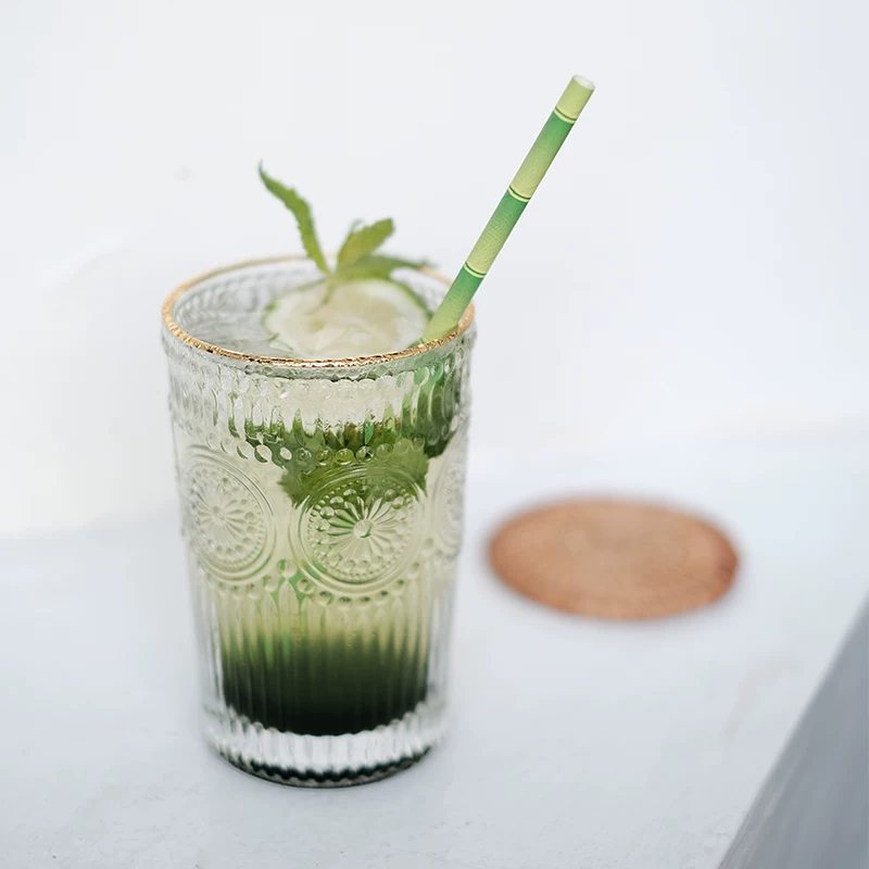 Ly thủy tinh viền vàng nổi, kiểu dáng tối giản hình hoa hướng dương, ly nước uống lạnh thời thượng, ly uống nước phổ biến.