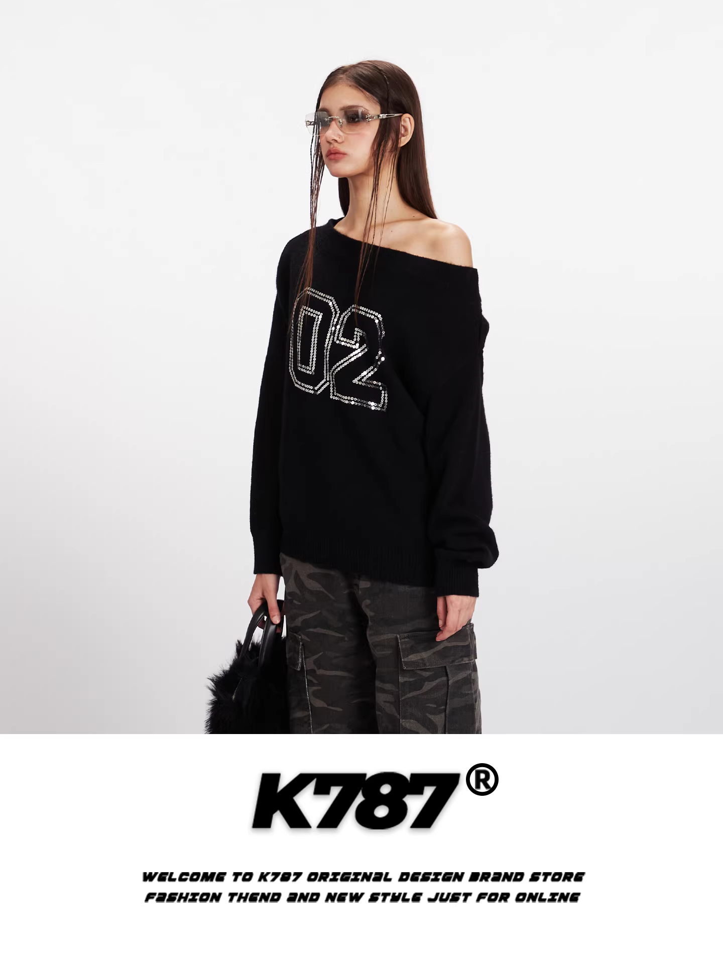 Áo len nữ kiểu Mỹ K787, thiết kế sequin số, kiểu trễ vai, dáng rộng, chất liệu len ngắn, tôn dáng, trẻ trung.