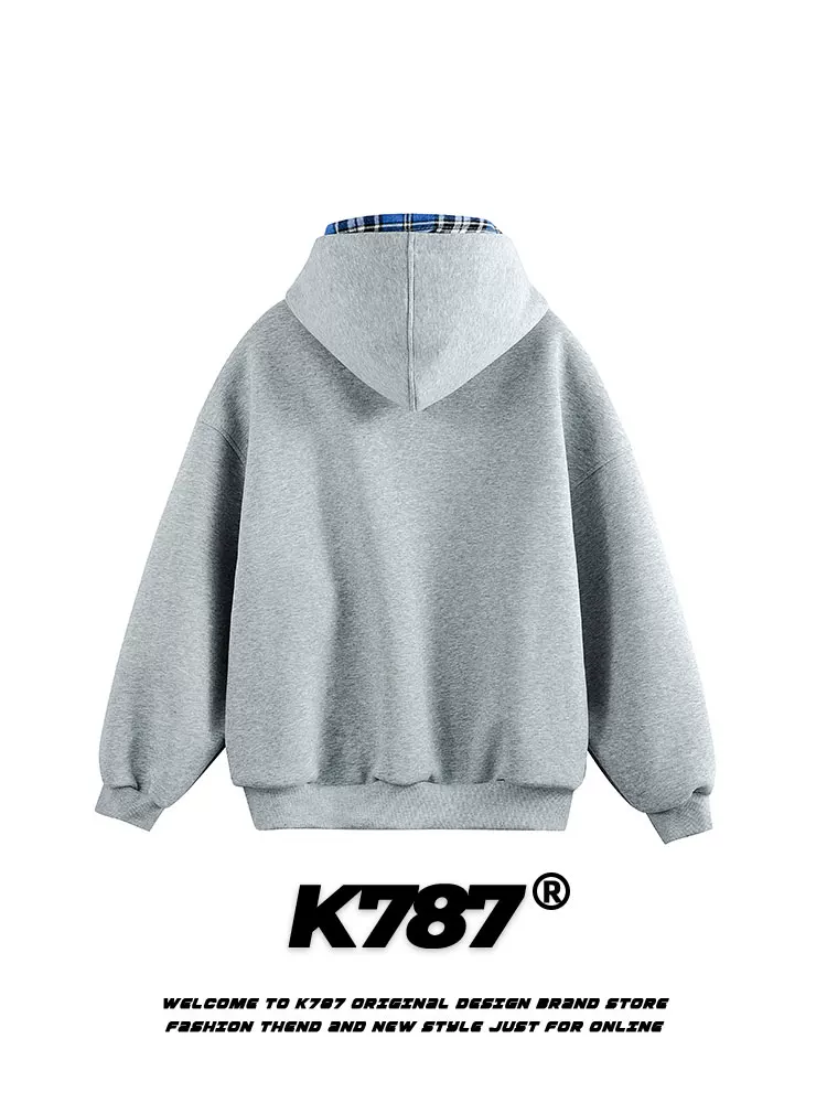 Áo khoác cardigan có mũ trùm đầu kiểu Mỹ cổ điển giả hai mảnh kẻ sọc K787 dành cho nam và nữ, phối khăn quàng cổ, kiểu dáng lười biếng, áo khoác cặp đôi