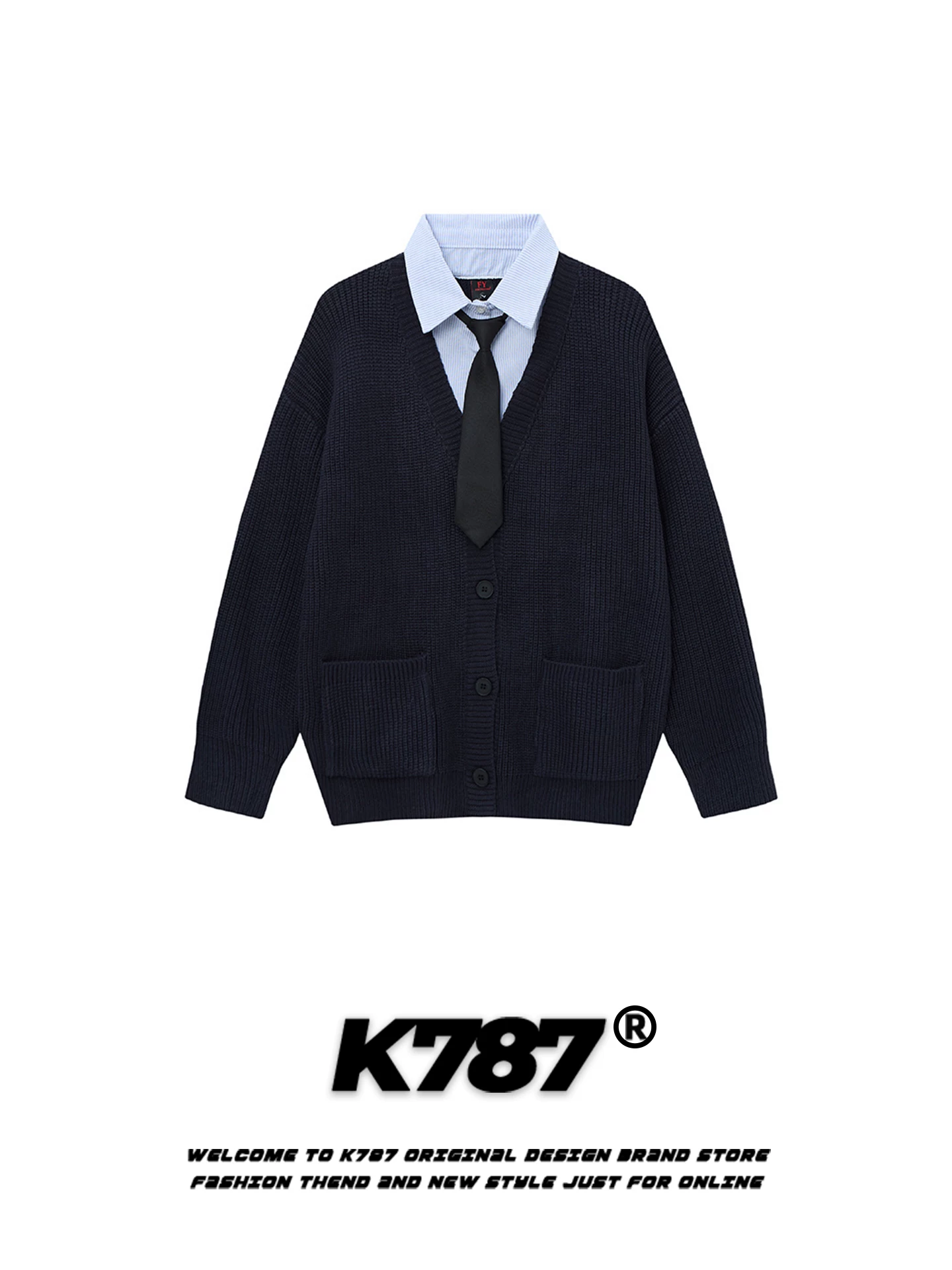 Áo len cardigan giả hai mảnh kiểu Mỹ cổ điển K787 dành cho nam và nữ, kiểu dáng rộng rãi phong cách đại học, áo khoác len cặp đôi mùa thu đông