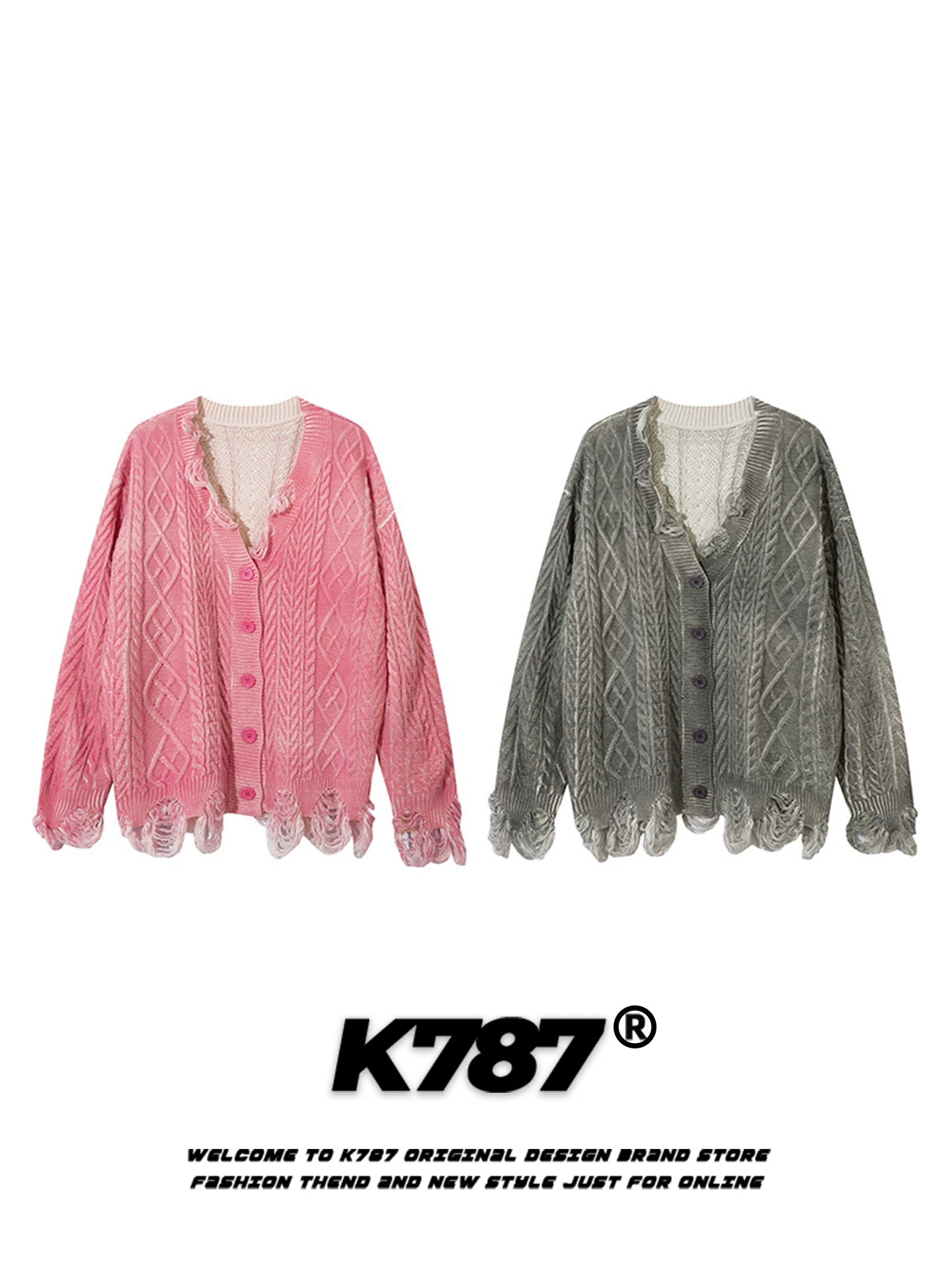 Áo len cardigan kiểu Mỹ cổ điển, thời thượng, thiết kế rách cá tính dành cho nam và nữ, phong cách lười biếng, áo khoác len cặp màu hồng ấm áp