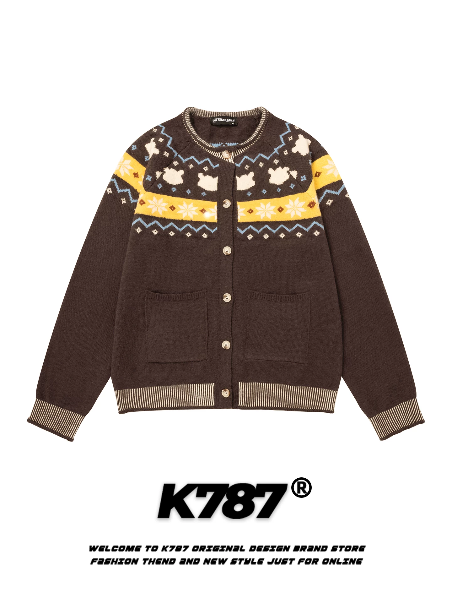 Áo cardigan dệt kim phong cách đường phố Mỹ K787, năng động và giản dị dành cho nam và nữ, áo khoác len rộng kiểu trộm cắp vui nhộn, kiểu Fair Isle.