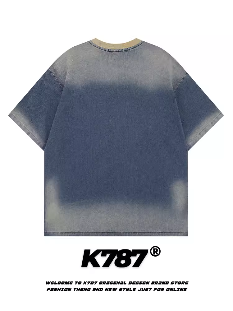 Áo thun denim ngắn tay thêu họa tiết retro Mỹ K787 dành cho nam và nữ, thiết kế áo pull kiểu cặp đôi