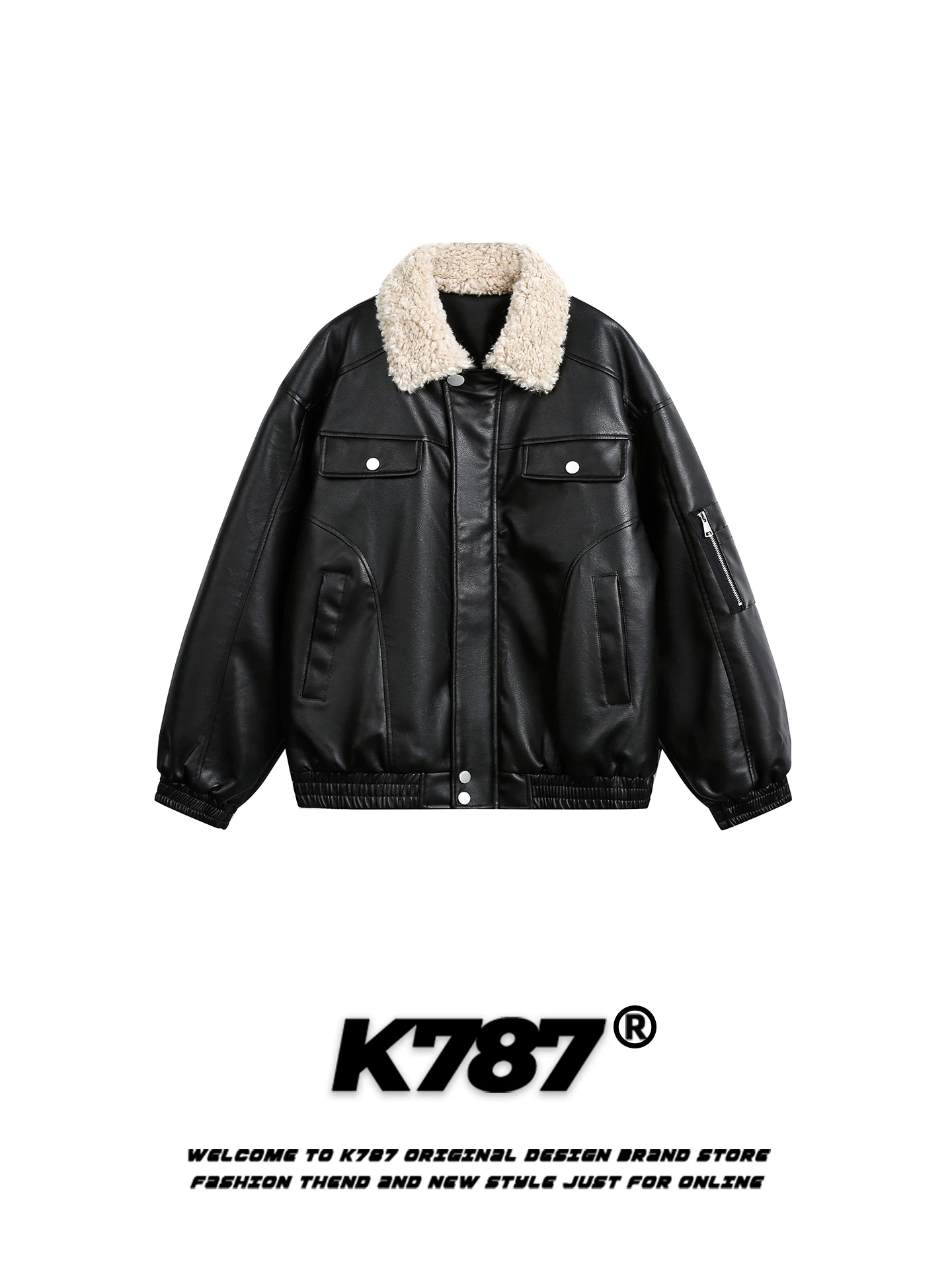 Áo khoác cotton phối len cừu kiểu Mỹ cổ điển K787 dành cho nam và nữ, áo khoác biker dáng rộng chất liệu da PU, áo khoác cotton giữ ấm cho cặp đôi.
