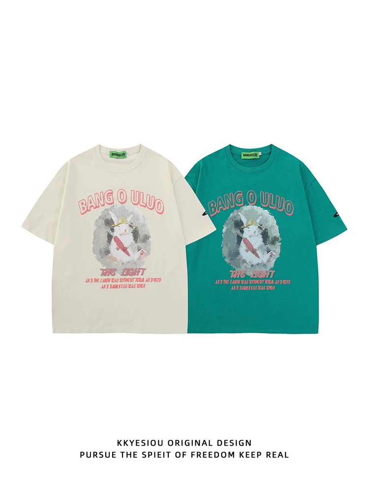 Áo thun ngắn tay in hình thỏ ngọt ngào KKyesiou phong cách Nhật Bản, unisex, oversize, cặp đôi, chất liệu cotton nguyên chất