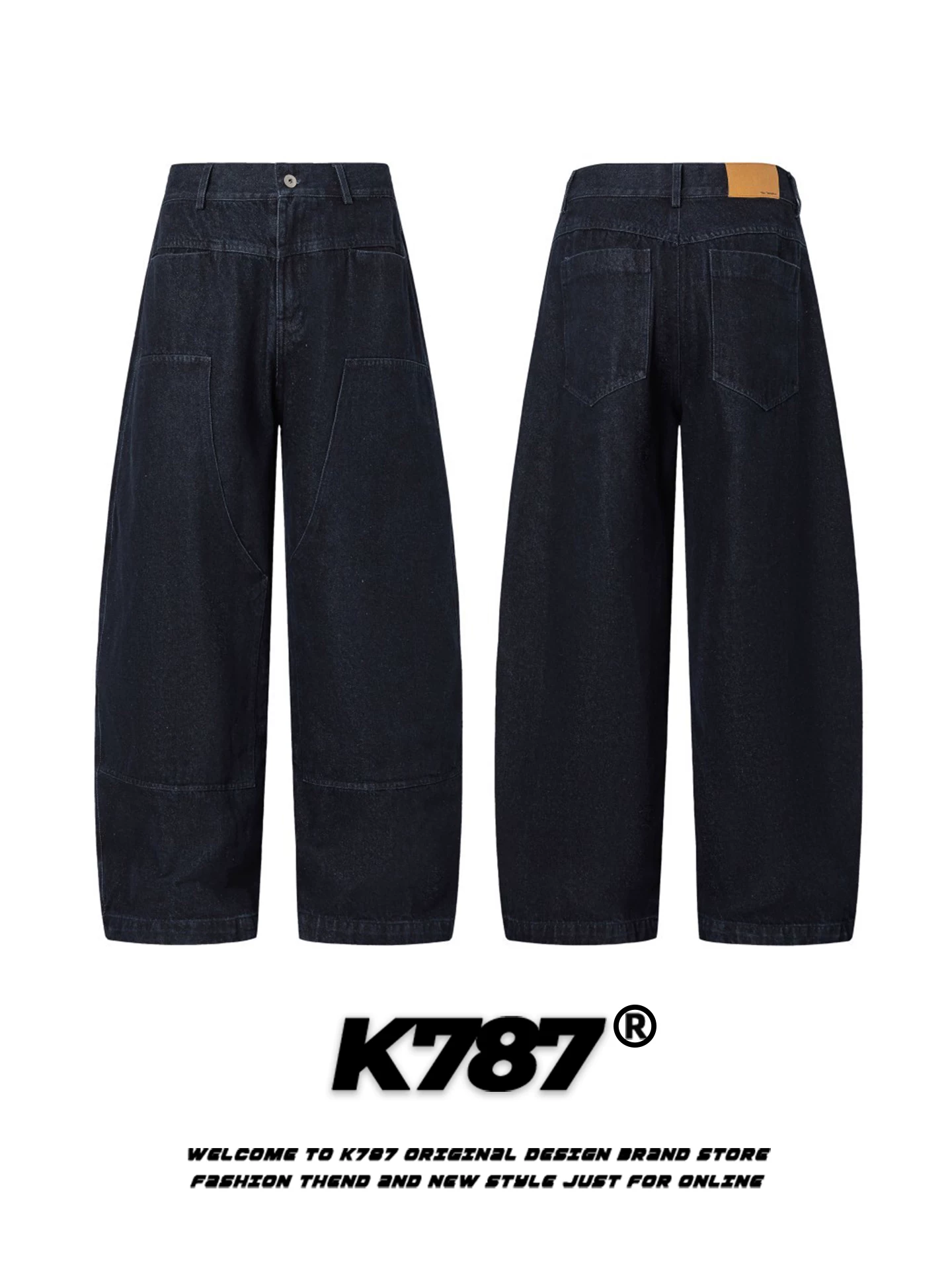 Quần jeans kiểu dáng đường phố Mỹ K787, thiết kế deconstructed, kiểu dáng scimitar, dành cho nam và nữ, đường may nổi bật, quần ống rộng lưng cao, phong cách thoải mái.