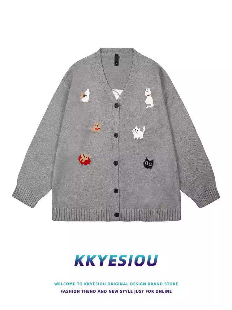 Áo len dệt kim cổ chữ V phong cách Nhật Bản KKyesiou, họa tiết mèo chó hoạt hình, unisex, phong cách đại học, đa năng, áo len thường ngày