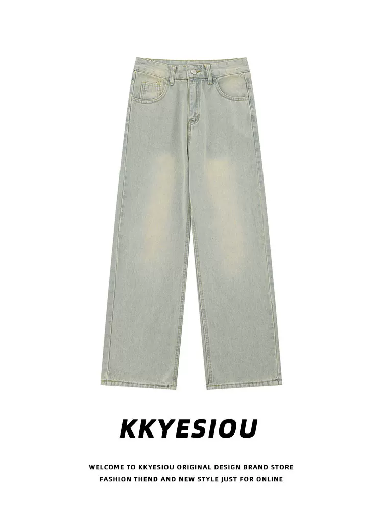 Quần jeans màu vàng đất, kiểu dáng retro Mỹ, thương hiệu KKyesiou, dành cho nam và nữ, cạp cao, phong cách hip-hop, dáng thẳng, chất liệu washed.