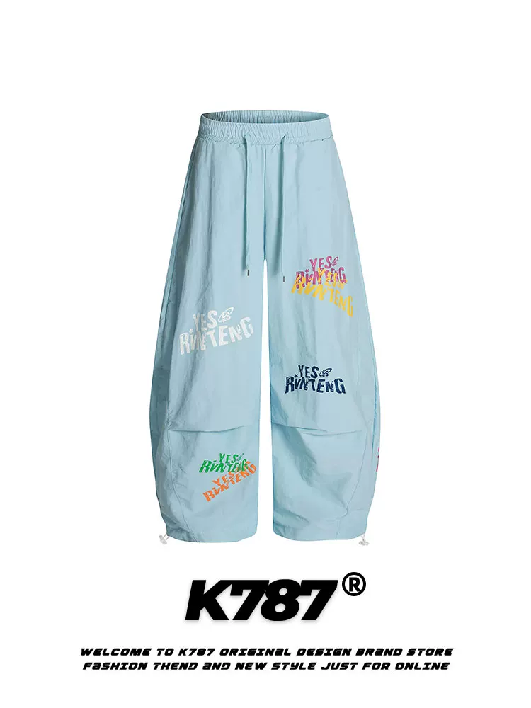 Quần dù ống rộng phong cách graffiti retro Mỹ K787 dành cho nam và nữ, cạp cao, phong cách hip-hop, nhảy đường phố, dáng rộng, thoải mái, kiểu quần scimitar