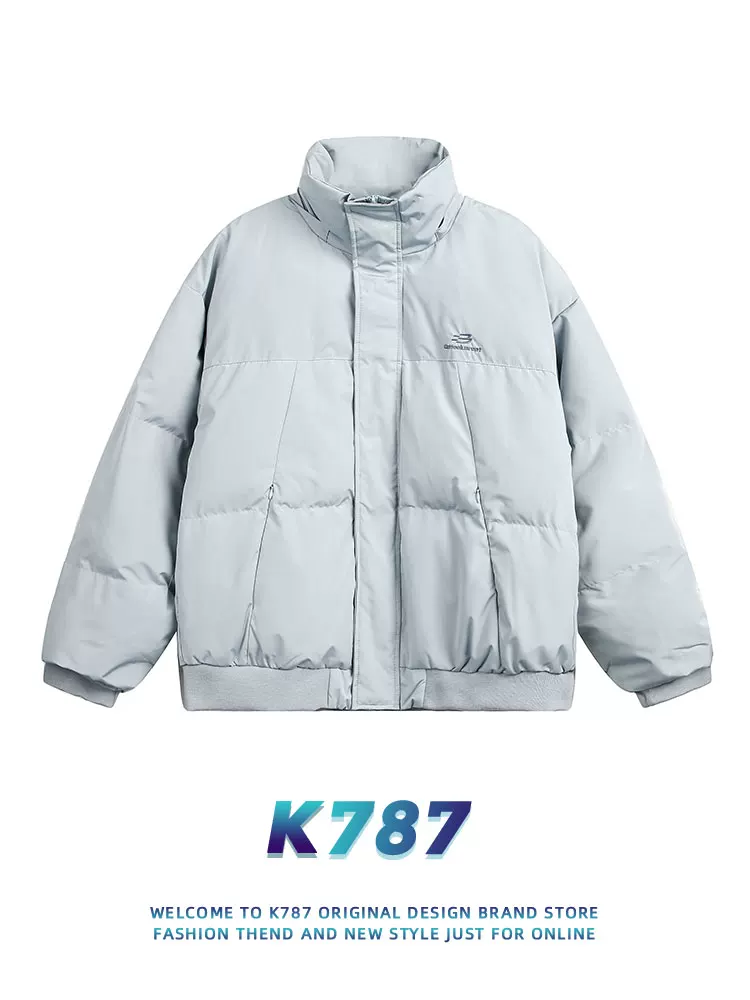 Áo khoác cotton dày dặn cổ đứng có mũ trùm đầu kiểu Mỹ cổ điển K787 mùa đông 2024 dành cho nam và nữ, áo khoác cotton cặp màu trơn theo xu hướng quốc gia.