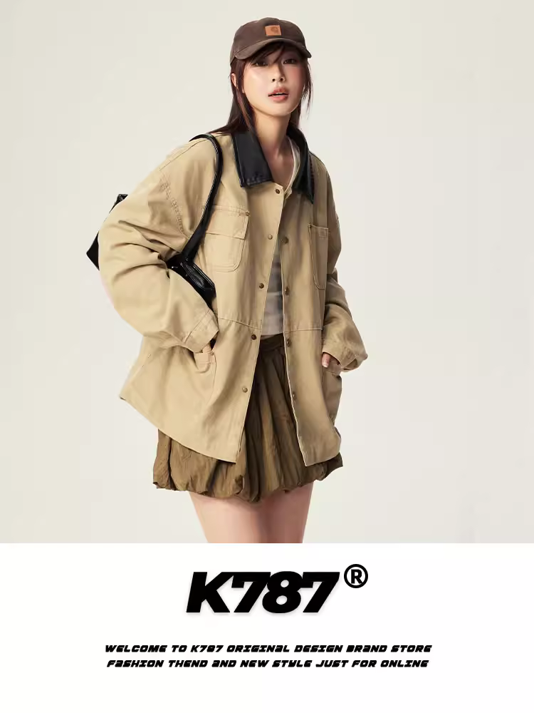 Áo khoác da PU phối màu phong cách retro Mỹ K787, kiểu dáng unisex, nhiều túi, phong cách thợ mộc, áo khoác đôi.