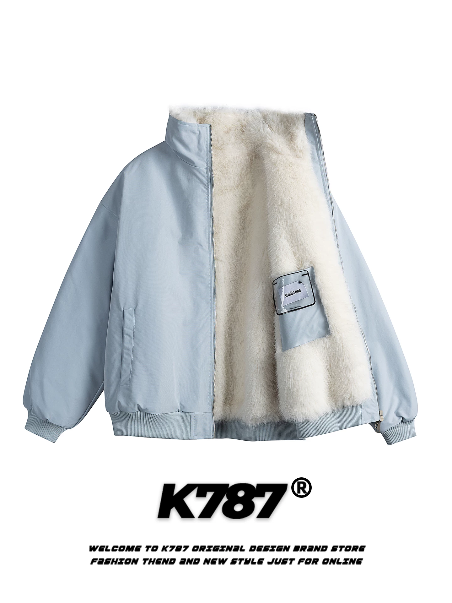 Áo khoác cotton cổ đứng dày dặn kiểu Mỹ cổ điển K787 dành cho nam và nữ, thiết kế màu trơn, dáng rộng, áo khoác cotton đôi.