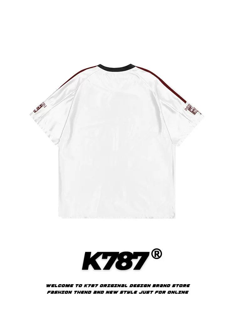 K787 Áo thun ngắn tay cổ chữ V phong cách retro quốc gia Mỹ dành cho nam và nữ blokecore chữ đau khổ jersey nửa tay