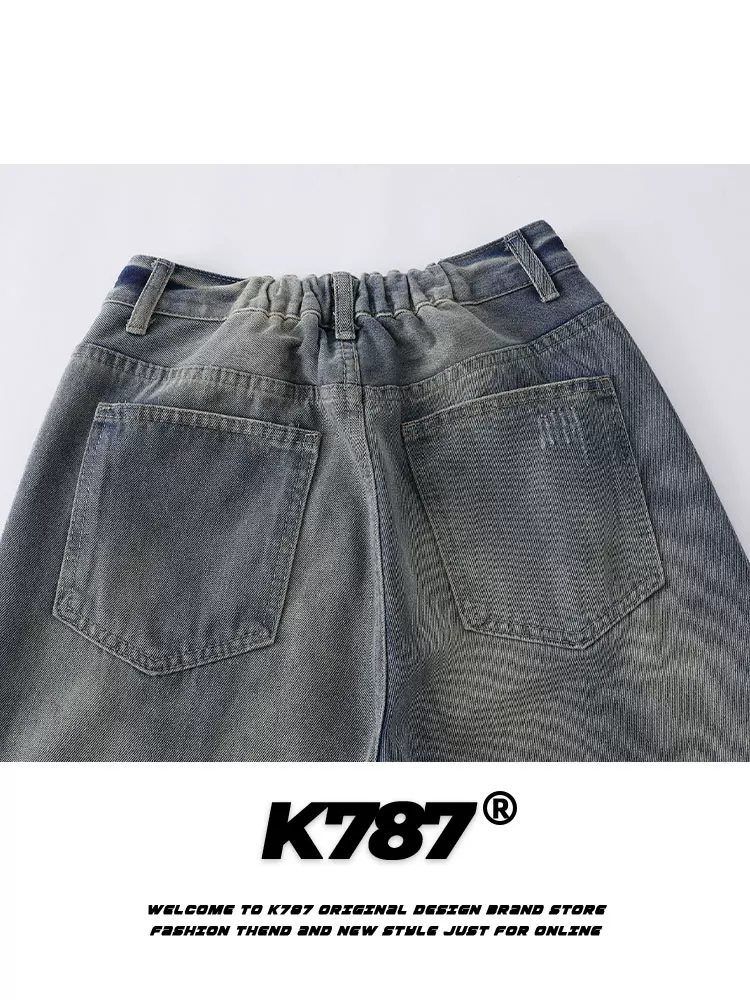 Quần jeans K787 kiểu Mỹ cổ điển, xước, rách, dáng loe, unisex, sọc ngang, màu phai, rộng thùng thình, kiểu dáng thẳng, mặc thường ngày