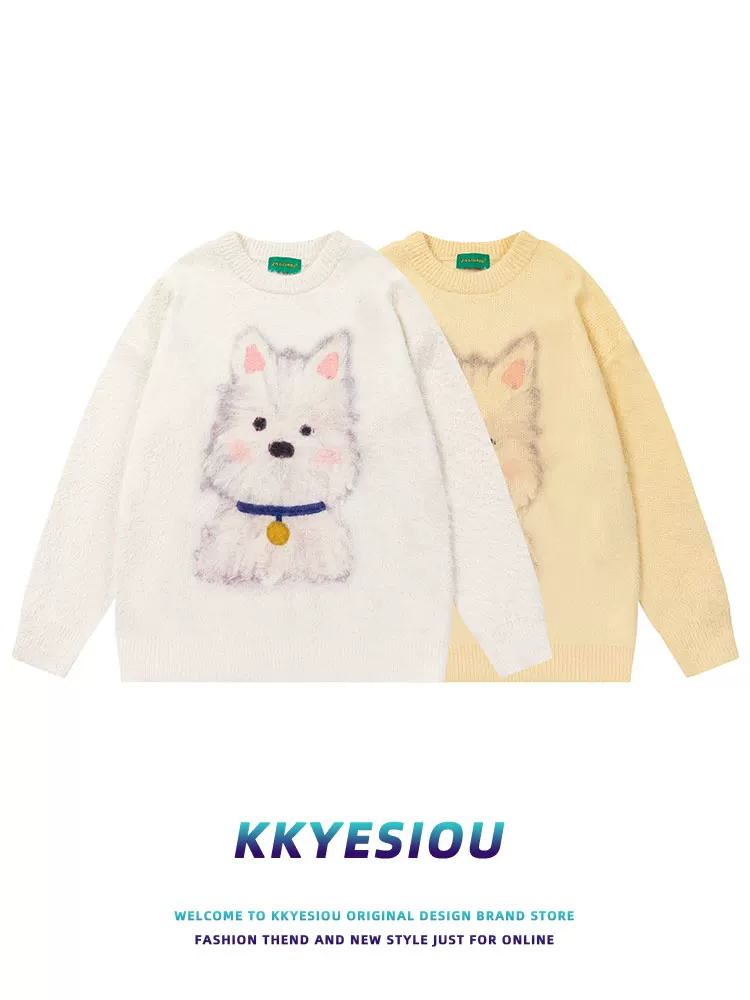 Áo len dệt kim kiểu Nhật Bản KKyesiou, họa tiết chó dễ thương, phong cách đại học, unisex, dáng rộng, áo đôi vui nhộn