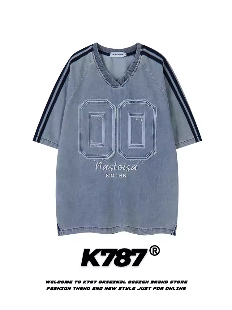 Áo thun tay ngắn kiểu vintage thêu họa tiết retro Mỹ K787 dành cho nam và nữ, kiểu dáng rộng thùng thình, áo đôi