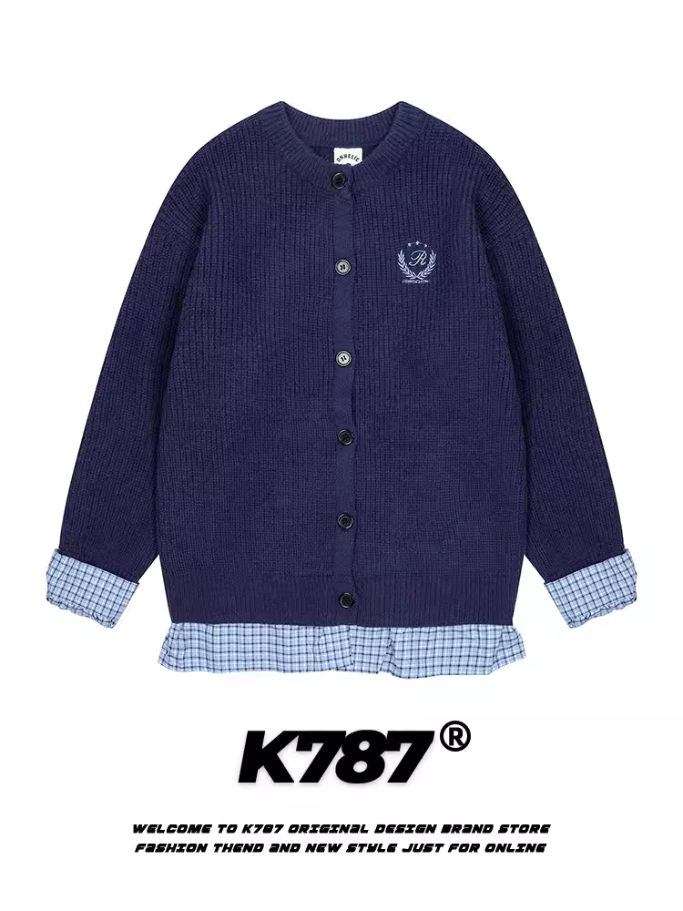 K787 Áo len dệt kim giả hai mảnh kiểu Mỹ cổ điển kiểu Trung Quốc dành cho nữ, áo len kẻ sọc lười biếng cổ chữ V phong cách đại học