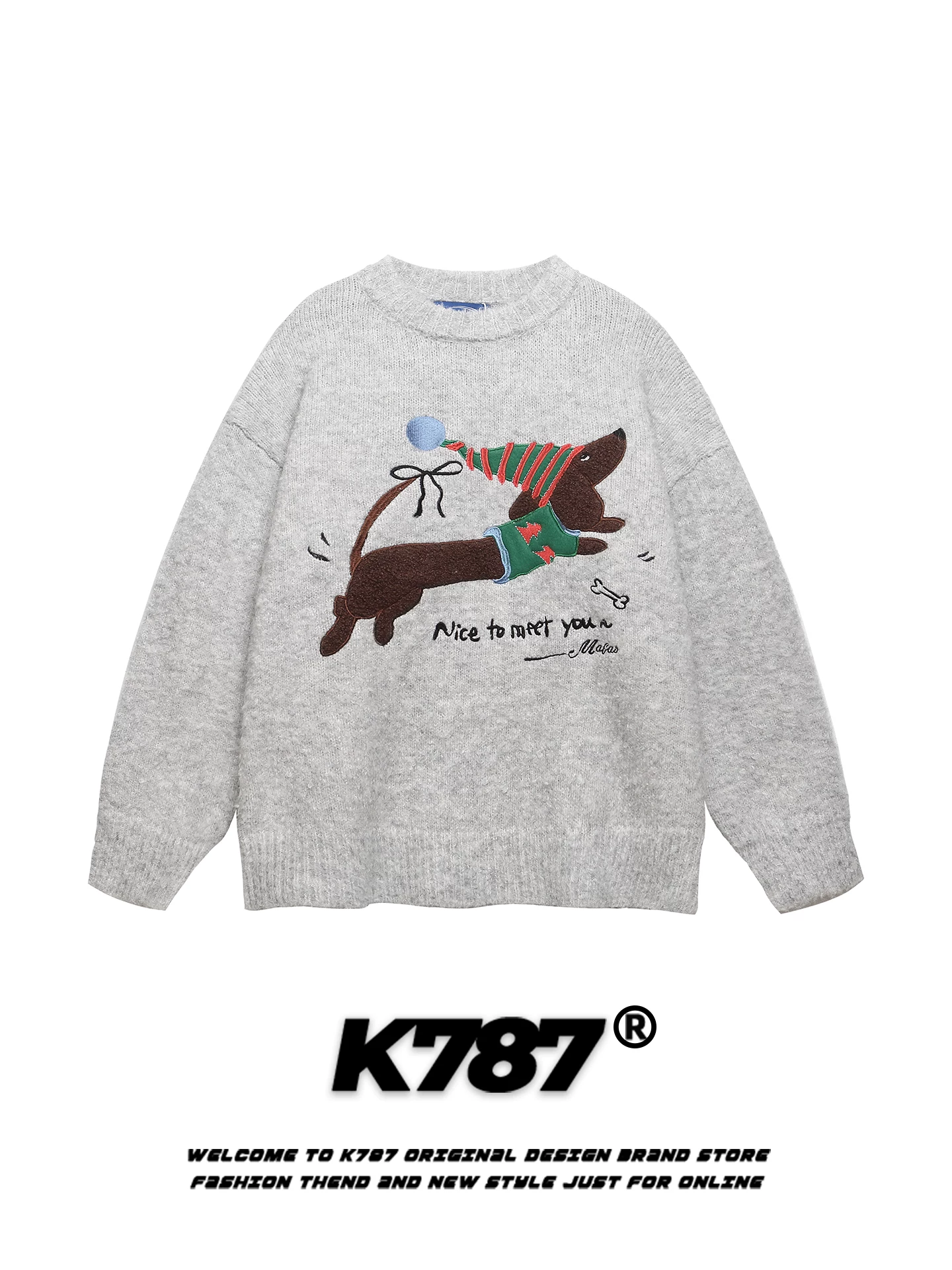 Áo len cổ tròn thêu hình chó dachshund kiểu Mỹ cổ điển K787 dành cho nam và nữ, áo len cặp đôi phong cách đại học rộng rãi cho mùa thu.