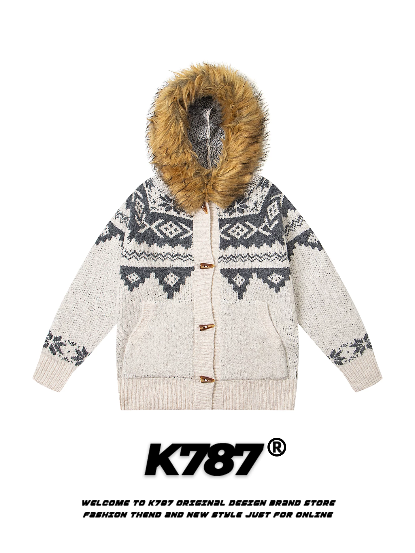 Áo len có mũ trùm đầu cổ lông dệt jacquard kiểu Mỹ cổ điển K787 dành cho nam và nữ, áo khoác cardigan dệt kim phong cách cặp đôi năng động