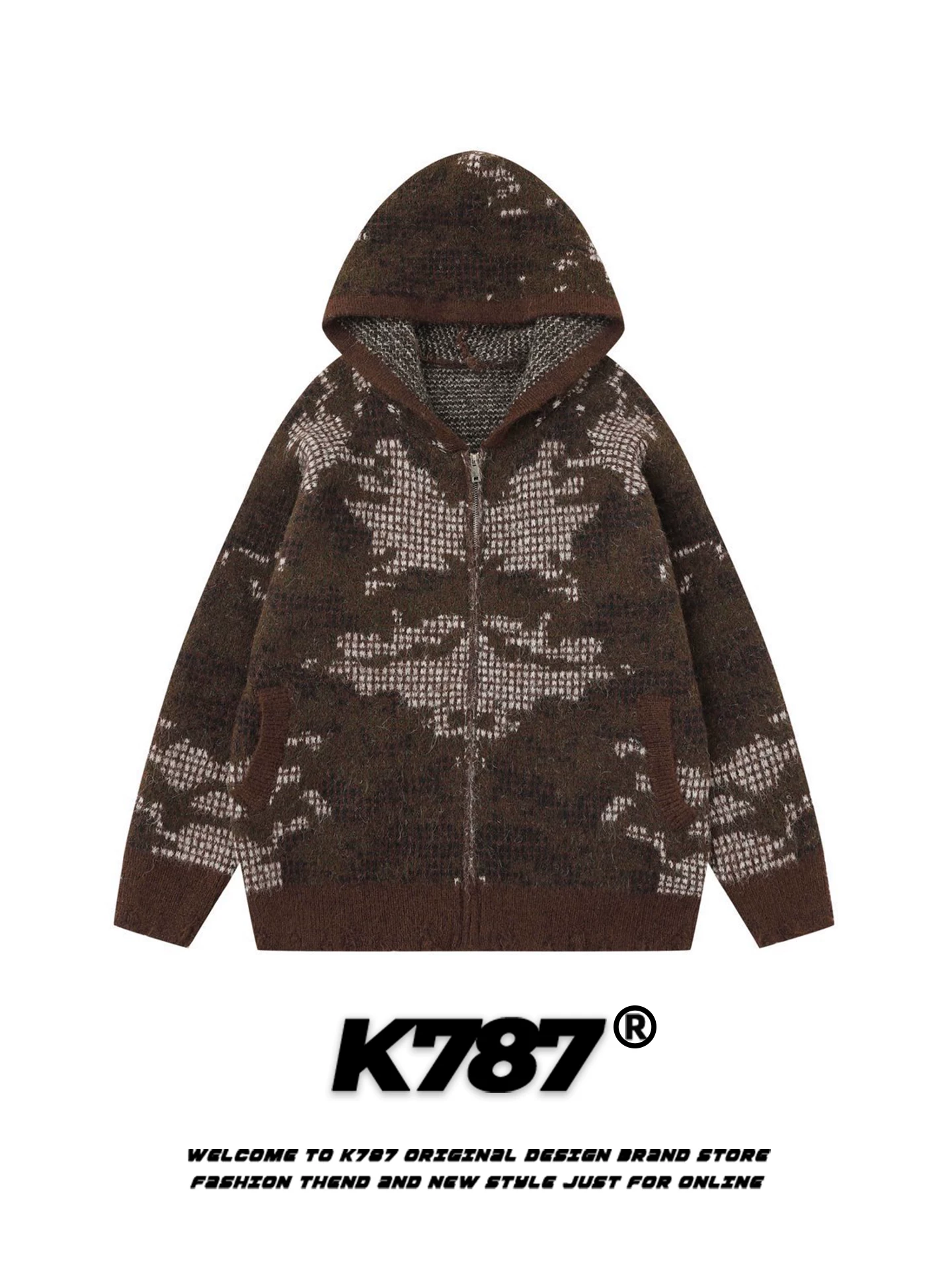 K787 Áo len có mũ trùm đầu cổ điển kiểu Mỹ dành cho nam và nữ, áo khoác hoodie dáng rộng thời trang đường phố thương hiệu giản dị dành cho cặp đôi