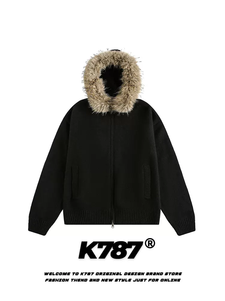 Áo khoác cardigan len dệt kim dáng rộng, có mũ trùm đầu, cổ lông tháo rời, kiểu dáng cổ điển Mỹ, unisex, màu trơn, mã K787