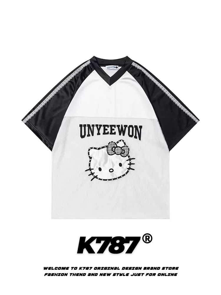 K787 Áo thun ngắn tay phối ren phong cách retro Mỹ dành cho nam và nữ, áo đôi dáng rộng đa năng Hello Kitty dành cho mùa hè.