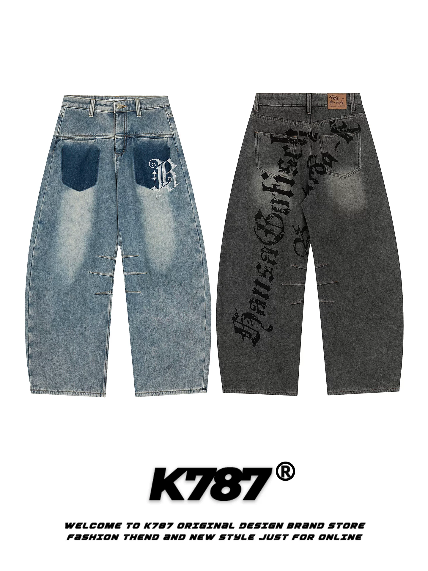 Quần jeans unisex K787 kiểu Mỹ cổ điển, in chữ, rách, dáng rộng, xu hướng thời trang, cạp cao, phong cách đường phố, ống rộng kiểu kiếm.