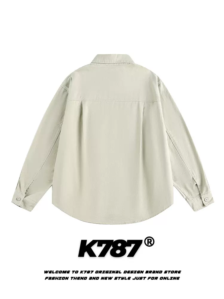 K787 Áo sơ mi công sở dài tay thêu đơn giản theo phong cách retro của Mỹ unisex cleanfit áo sơ mi dáng rộng giản dị áo khoác