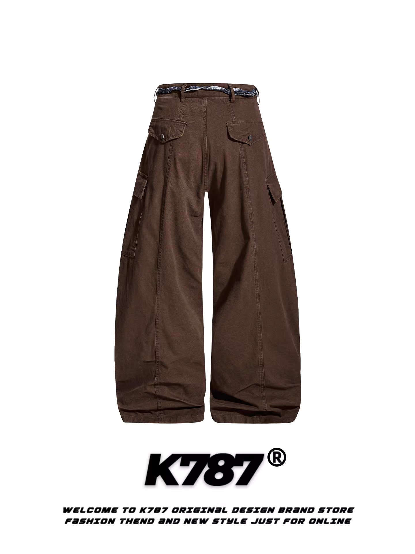 Quần cargo ống rộng lưng cao dáng rộng unisex kiểu Mỹ cổ điển K787 nhiều túi thiết kế phá cách có dây rút