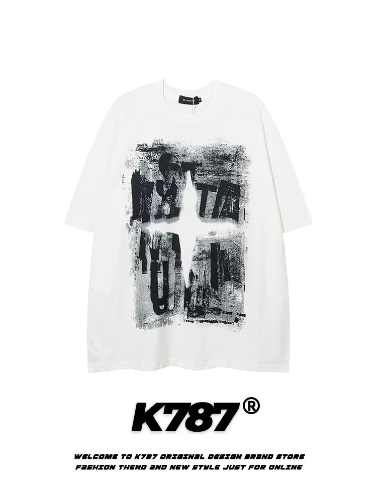 K787 Áo thun ngắn tay phong cách hip-hop retro Mỹ dành cho nam và nữ áo thun dáng rộng dáng rộng thông thường