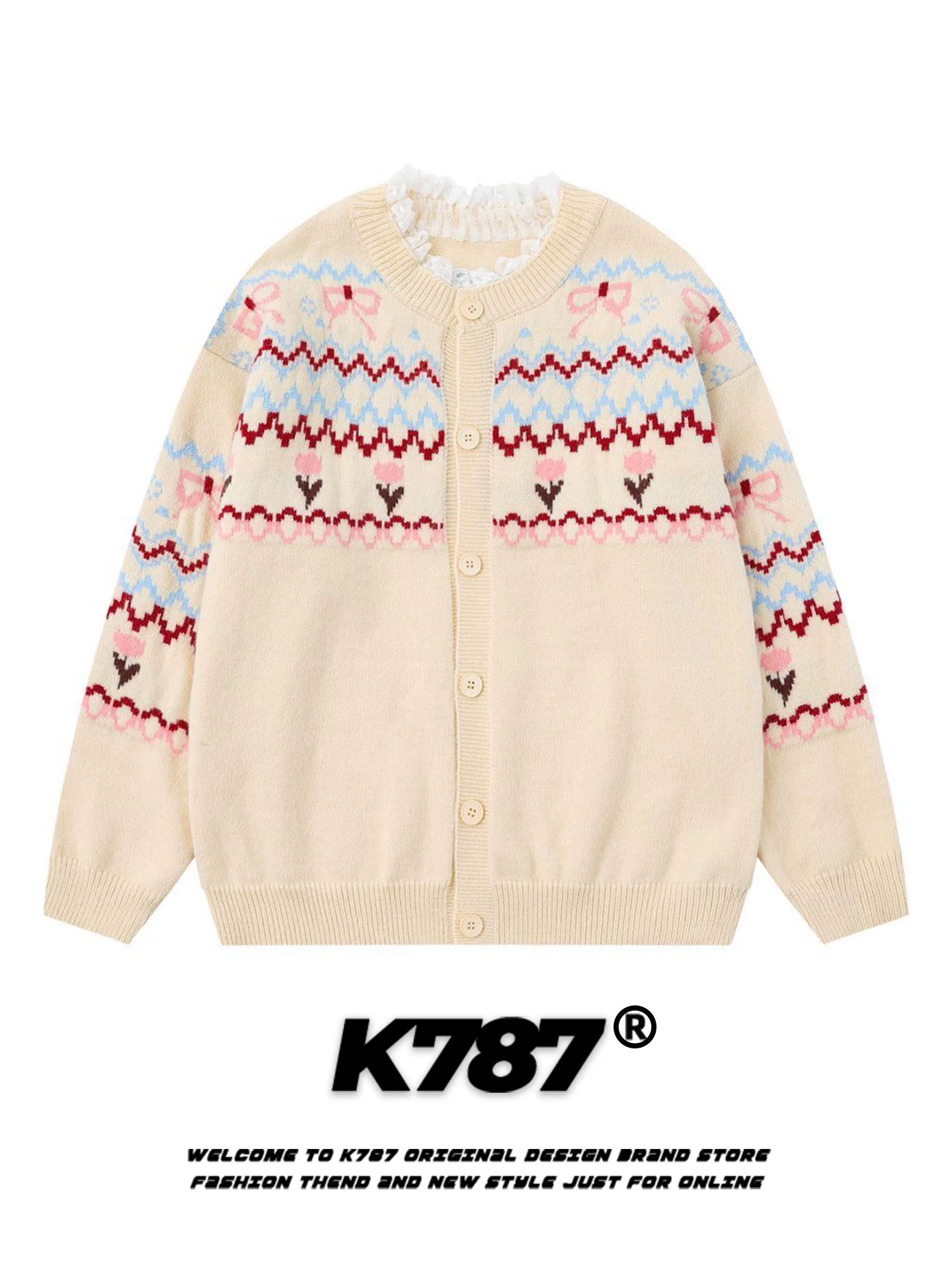 Áo len cardigan jacquard kiểu Mỹ cổ điển K787 dành cho nam và nữ, phối ren rộng rãi, kiểu dáng giản dị màu hồng