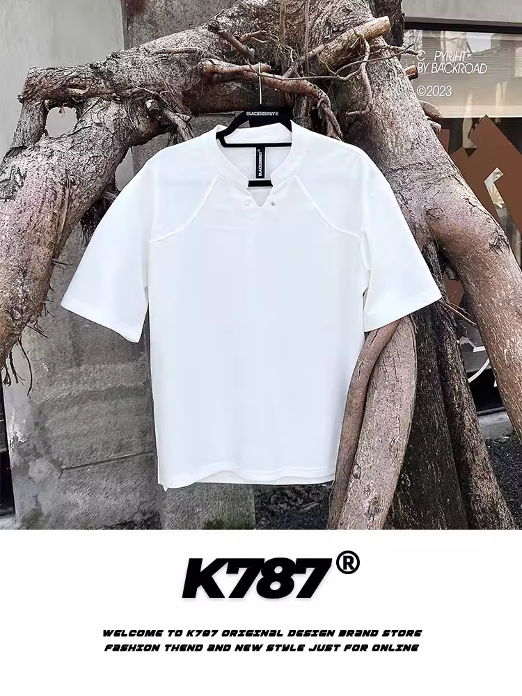 K787 Áo thun ngắn tay cổ chữ V nhỏ màu trơn phong cách retro Mỹ cổ điển unisex cổ đứng đa năng áo thun nửa tay mùa hè