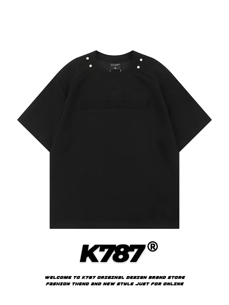 Áo thun ngắn tay thêu nút cổ điển kiểu Mỹ K787 dành cho nam và nữ, kiểu dáng regular shoulder cleanfit, form rộng, tay lửng, phong cách casual.