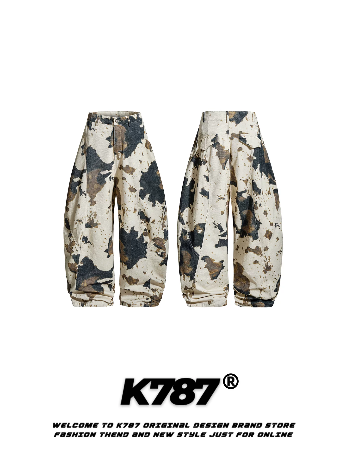 Quần jeans K787 kiểu Mỹ cổ điển, nhuộm tie-dye, dáng scimitar, unisex, xu hướng quốc dân, rộng rãi, thoải mái, cạp cao, ống rộng, kiểu cargo