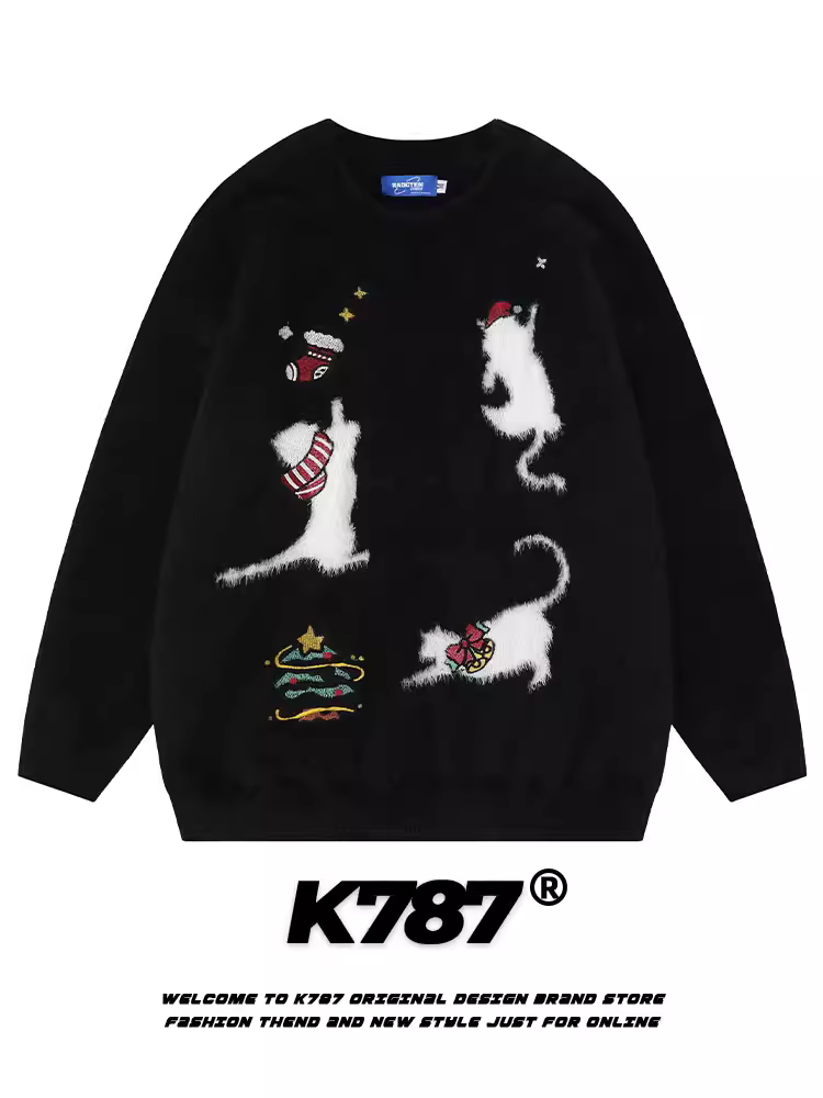 K787 Áo len dệt kim mohair phong cách cổ điển kiểu Mỹ dành cho nam và nữ, áo len thêu cây thông Noel mùa đông dành cho cặp đôi