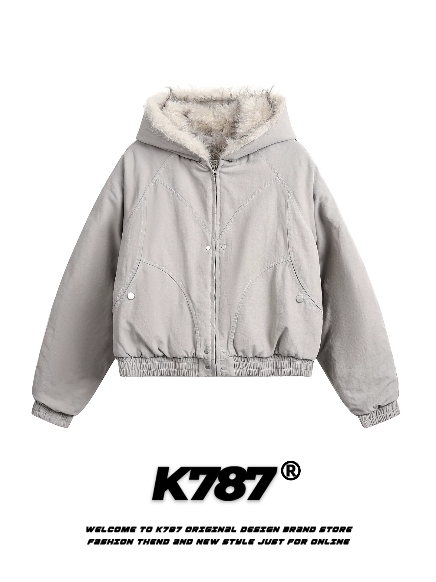 Áo khoác cotton ngắn có mũ trùm đầu dày dặn phong cách retro Mỹ K787 có cổ lông dành cho nam và nữ, áo khoác ngắn kiểu dáng gọn gàng