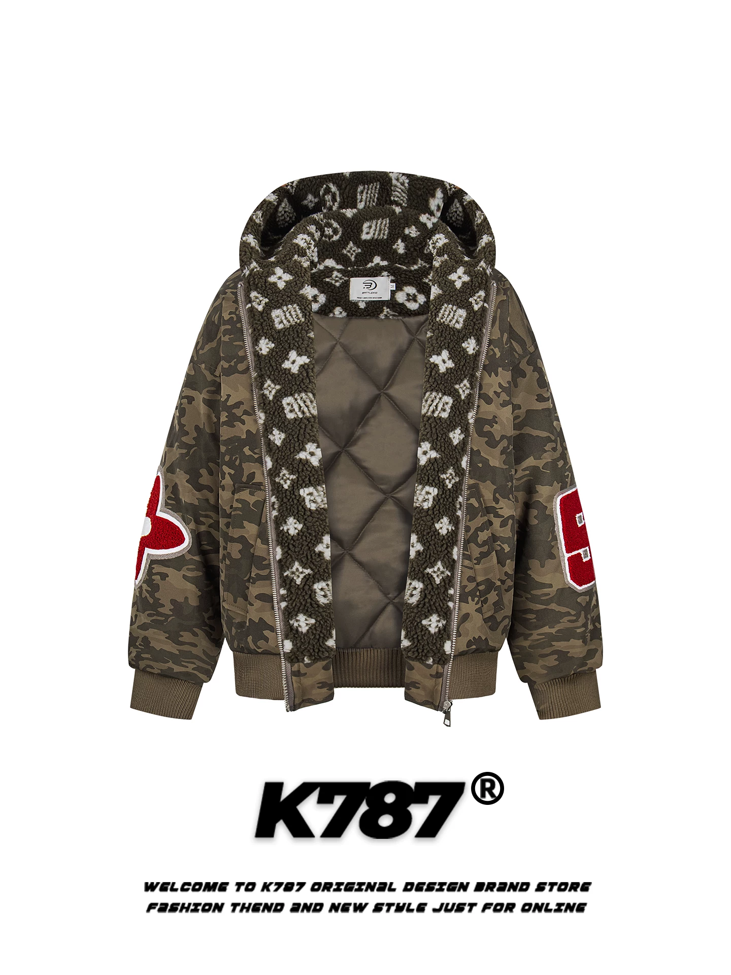 K787 Áo khoác cotton có mũ trùm đầu thêu nhung theo xu hướng quốc gia cổ điển của Mỹ dành cho nam và nữ, áo khoác cotton mùa đông rộng rãi, dày dặn, ấm áp.