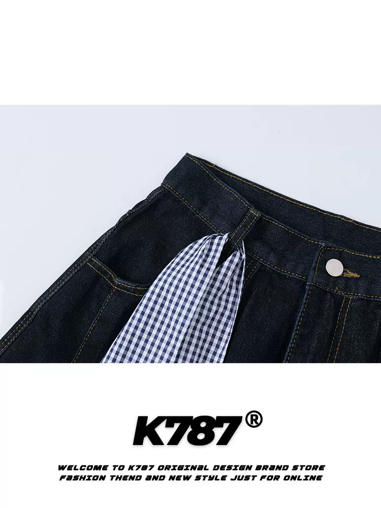 Quần jeans unisex dáng rộng ống rộng phong cách đường phố cao cấp, chất liệu cleanfit, kiểu dáng retro Mỹ, có khăn quàng cổ hình vuông tháo rời được, mã K787