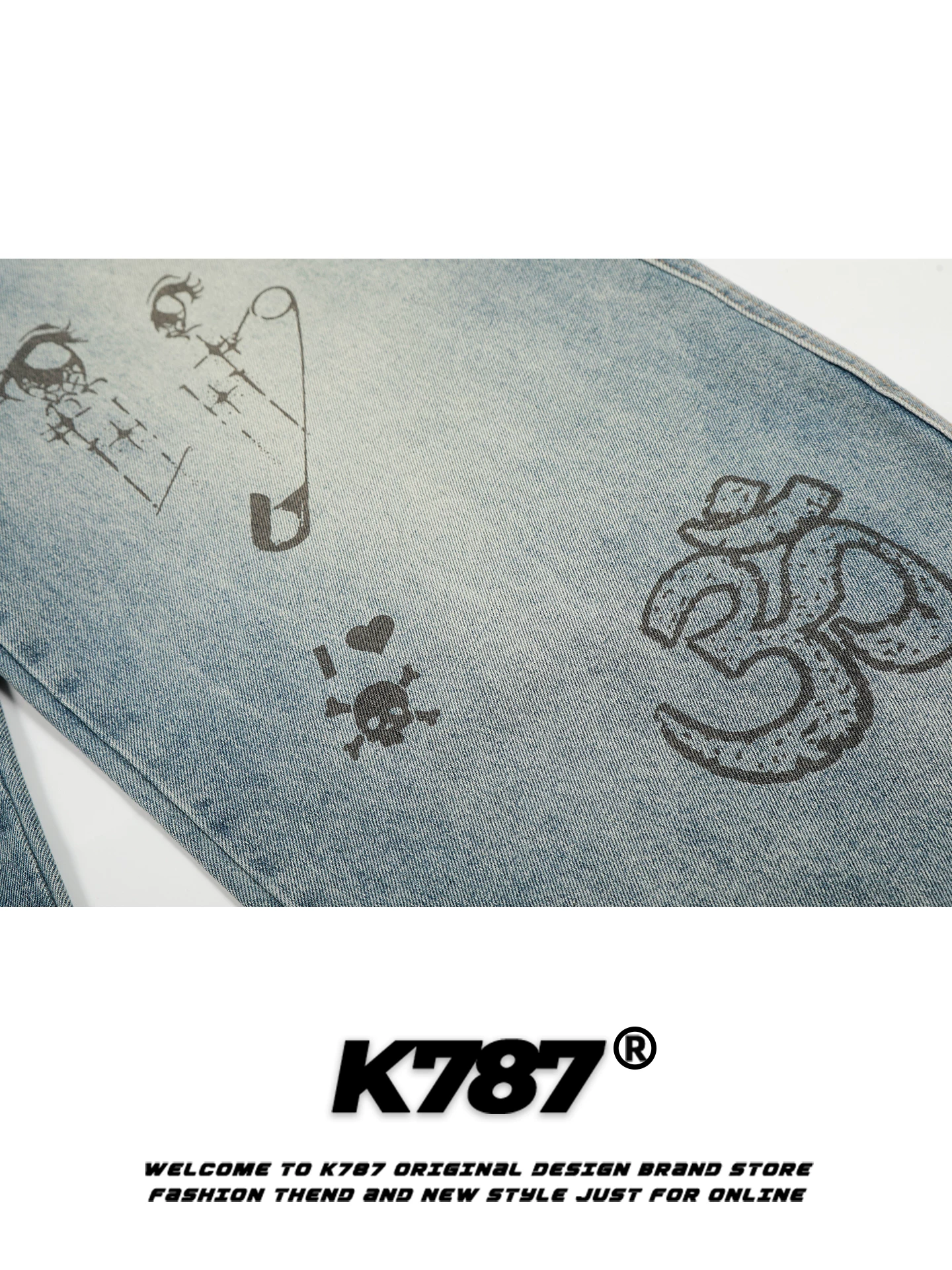 Quần jeans unisex K787 kiểu Mỹ cổ điển, in họa tiết graffiti vui nhộn, dáng rộng, cạp cao, ống rộng, phong cách casual.